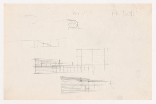 Sketch elevation, partial sketch elevations and sketch plan for stairwell for an auditorium for Illinois Institute of Technology