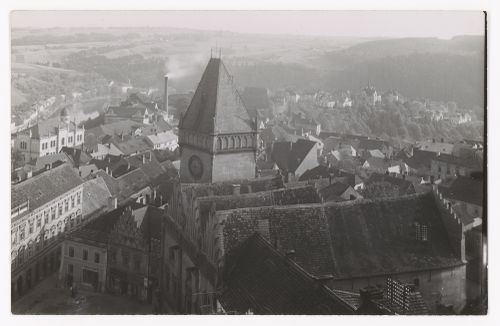 View of old house and building with square tower, landscape in distance, Prague ?, Czech Republic