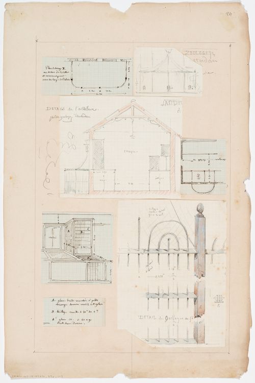 Natura Artis Magistra, Amsterdam: Plans, elevation, section, and axonometric drawing of an aviary, and elevation of a fence