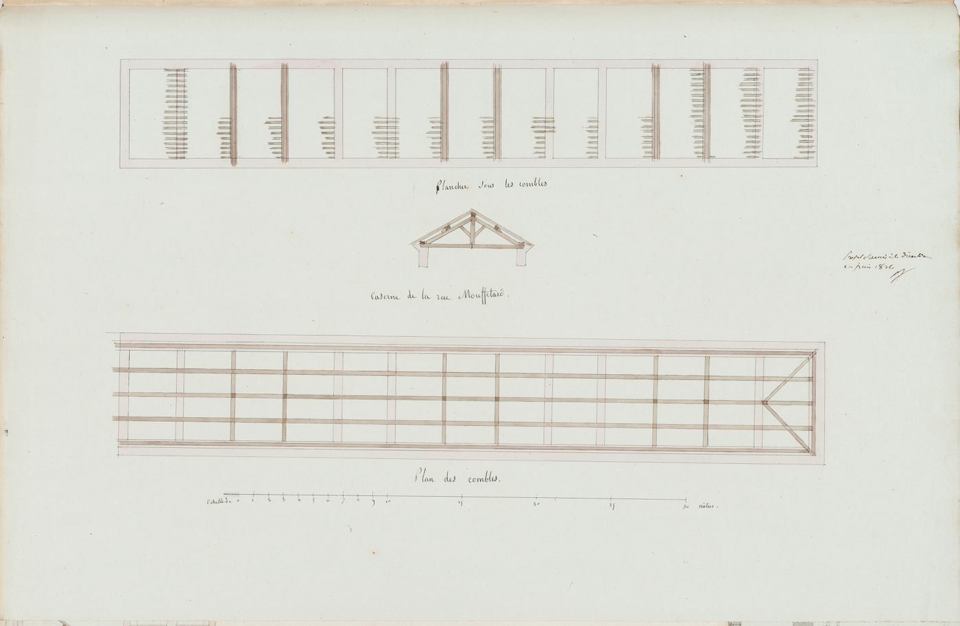Project for the caserne de la Gendarmerie royale, rue Mouffetard: Plan and section for the roof trusses and a framing plan