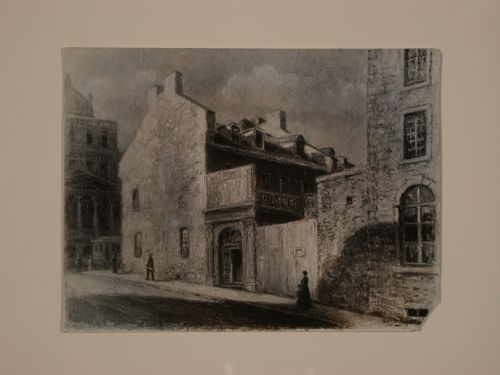 Photograph of a painting of old house at corner of rue St-Vincent and rue Notre-Dame