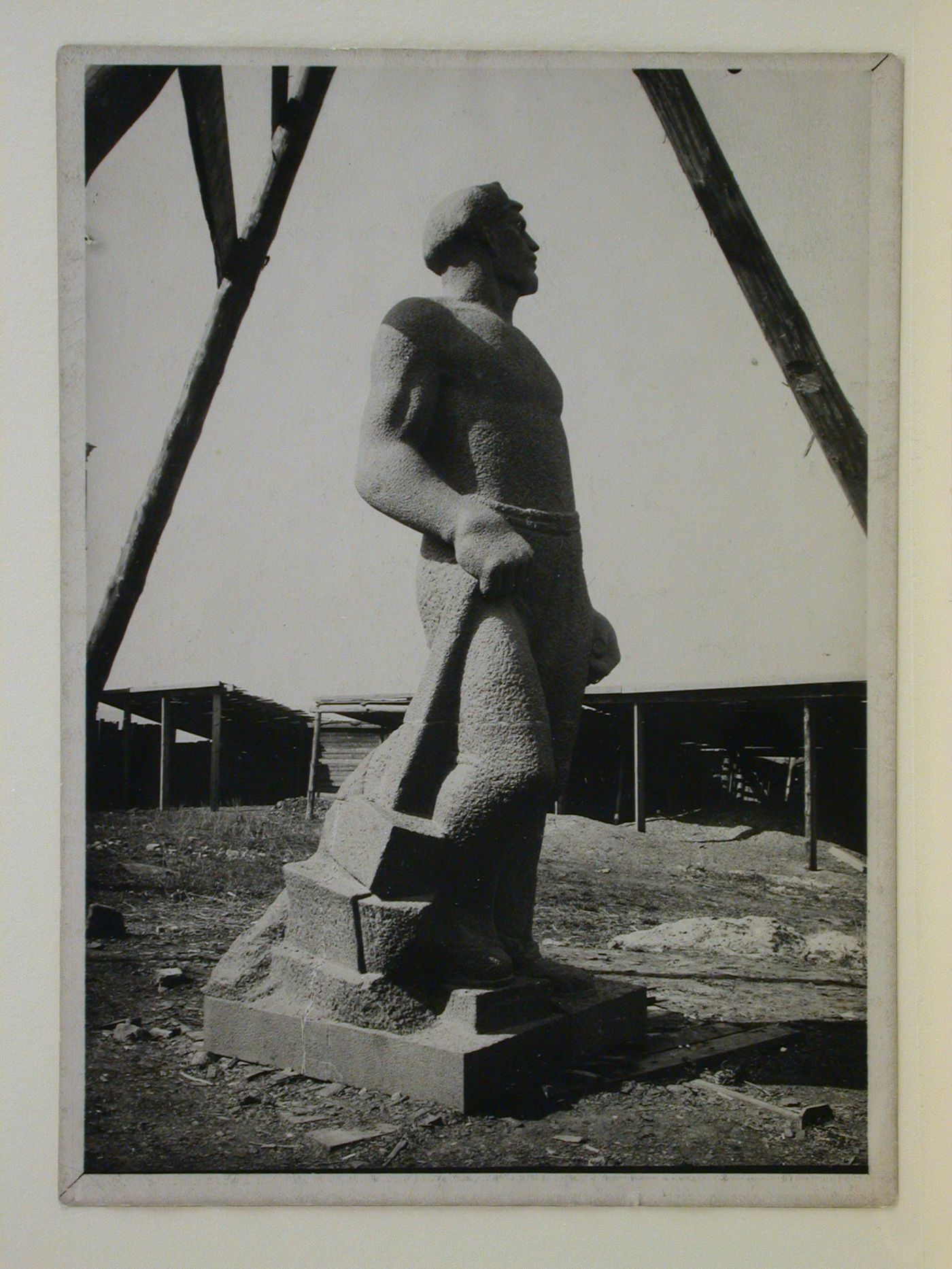 View of a statue of a worker for the monument to the Fighters of the Revolution, Saratov, Soviet Union (now in Russia)
