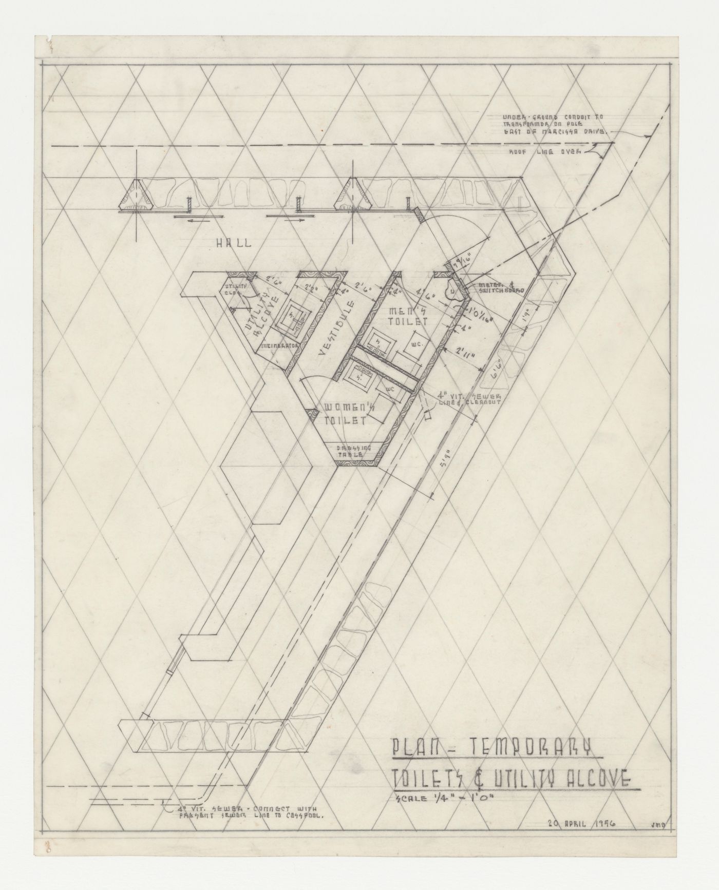 Wayfarers' Chapel, Palos Verdes, California: Plan for temporary toilets and utility space