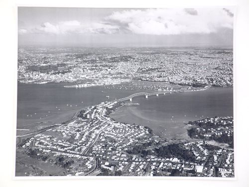 Aerial view of the Auckland Harbour Bridge, over the Waitematā Harbour, Auckland, New Zealand