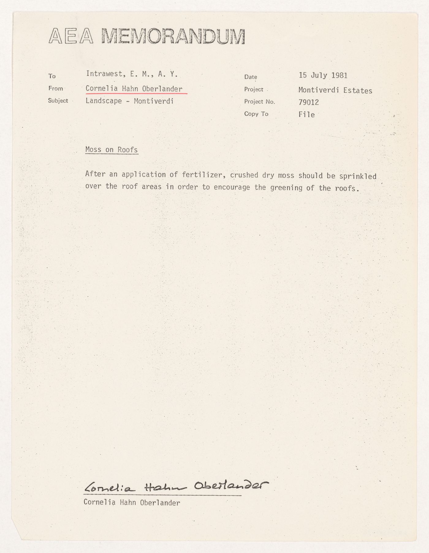 Memorandum on moss on roof for Montiverdi Estates, West Vancouver, British Columbia