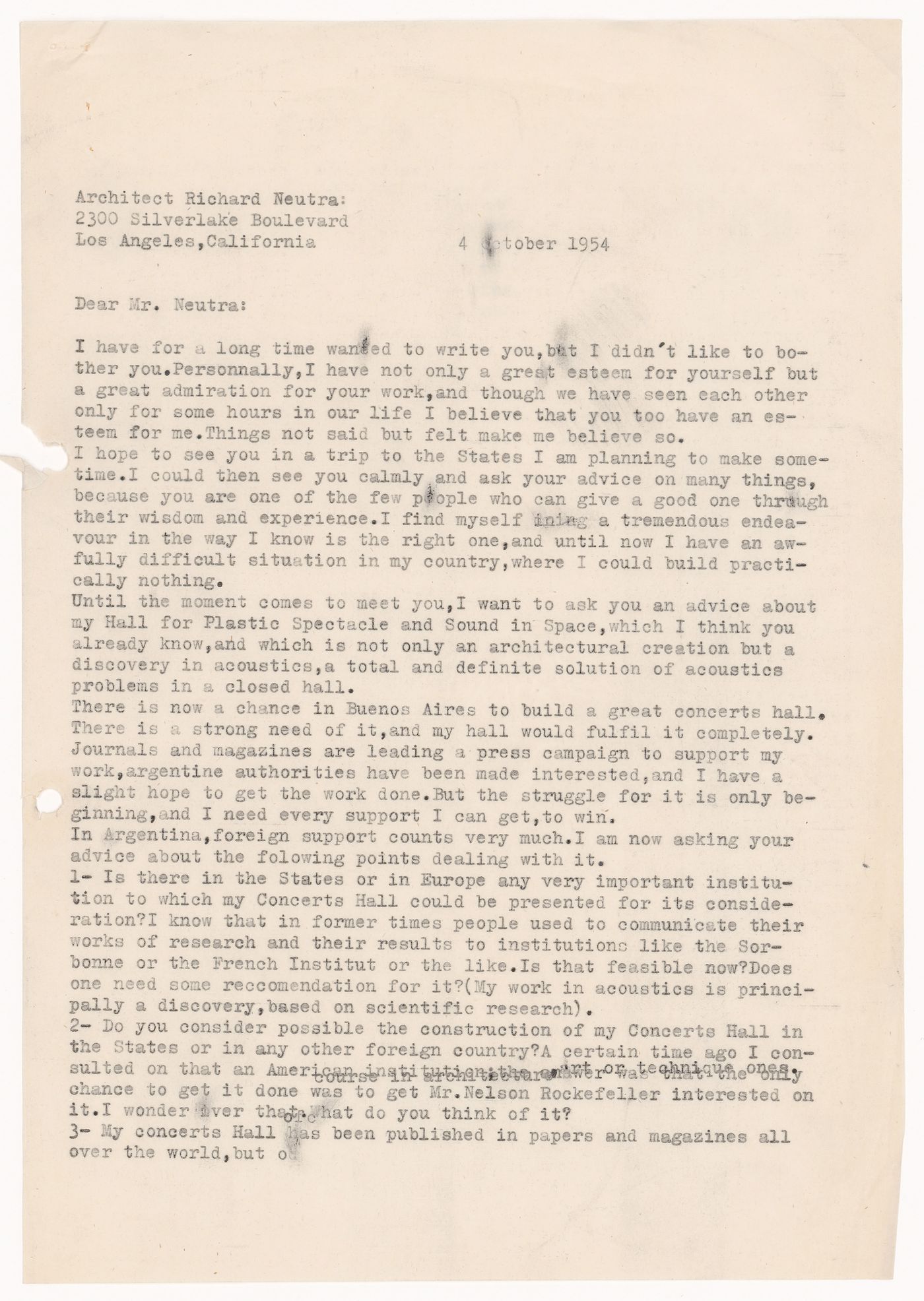 Correspondence, letter to Richard Neutra from Amancio Williams