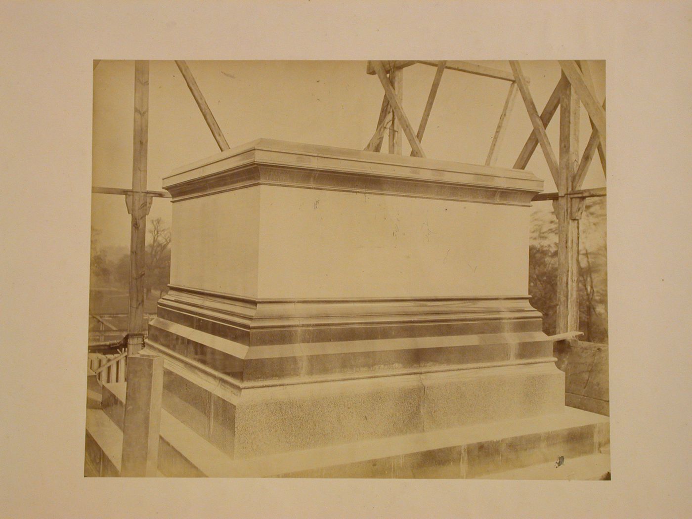 Close-up view of the pedestal for the podium for the statue of the Prince Consort, Albert Memorial construction site, Hyde Park, London, England