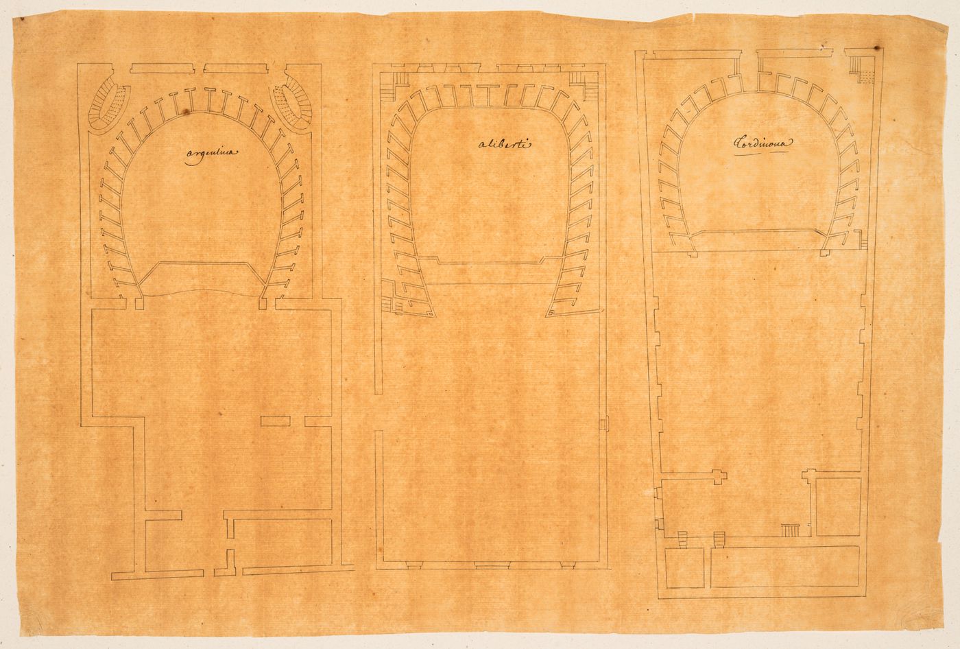 Plans of three unidentified theatres, Italy [?]