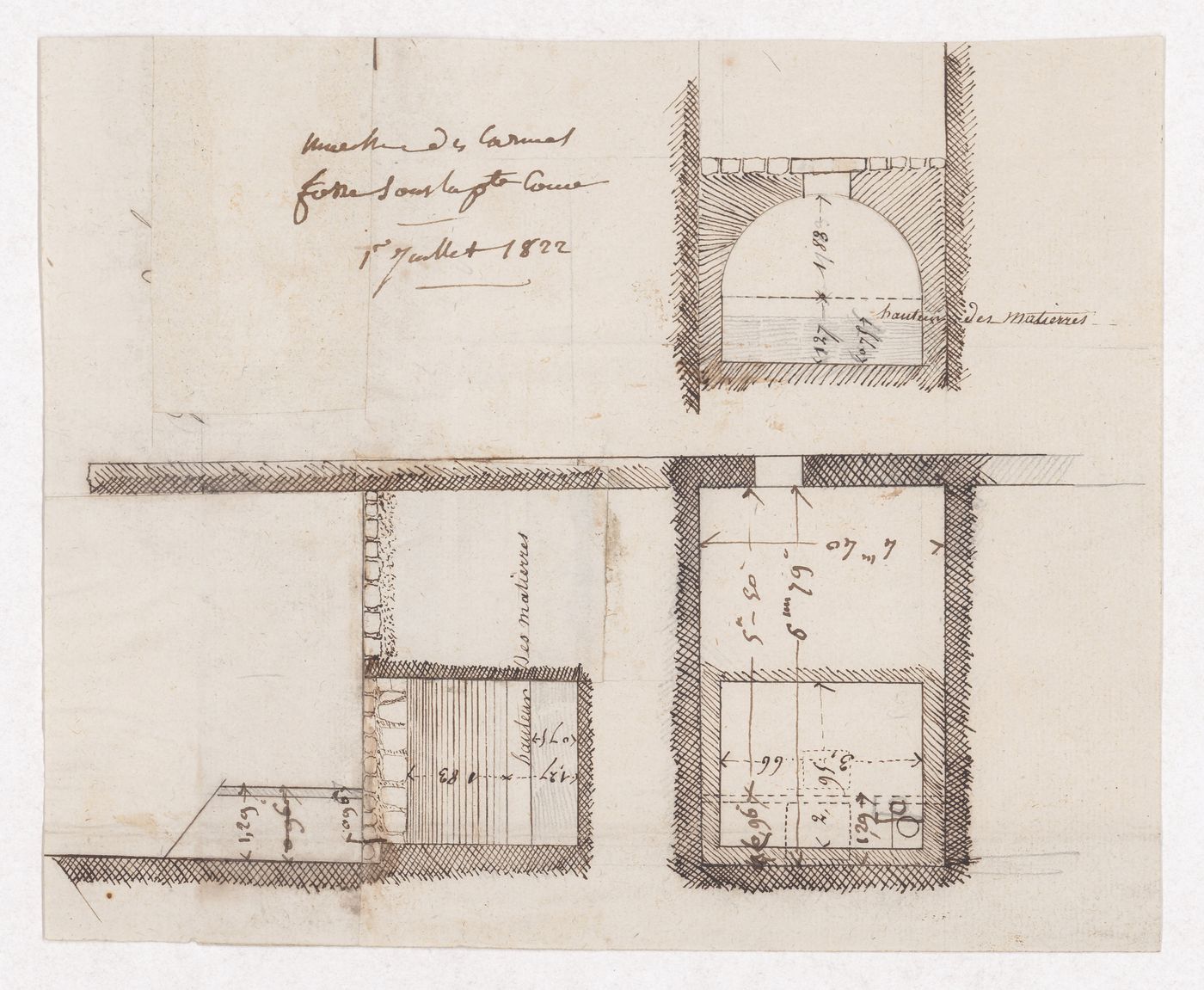 Plans and sections for caves, Marché des Carmes, Paris