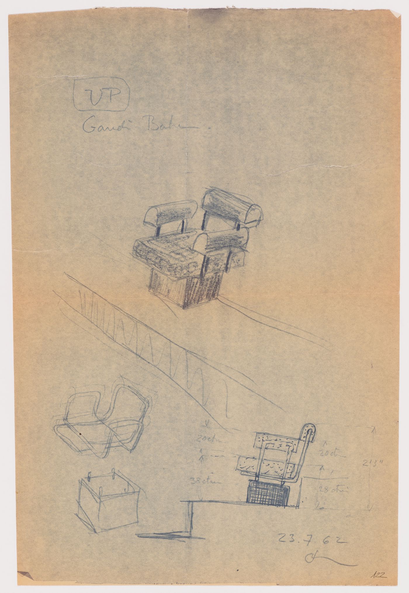Sketch of a seat for the auditorium of the Gandhi Bhawan, Panjab University in sector 14 in Chandigarh, India