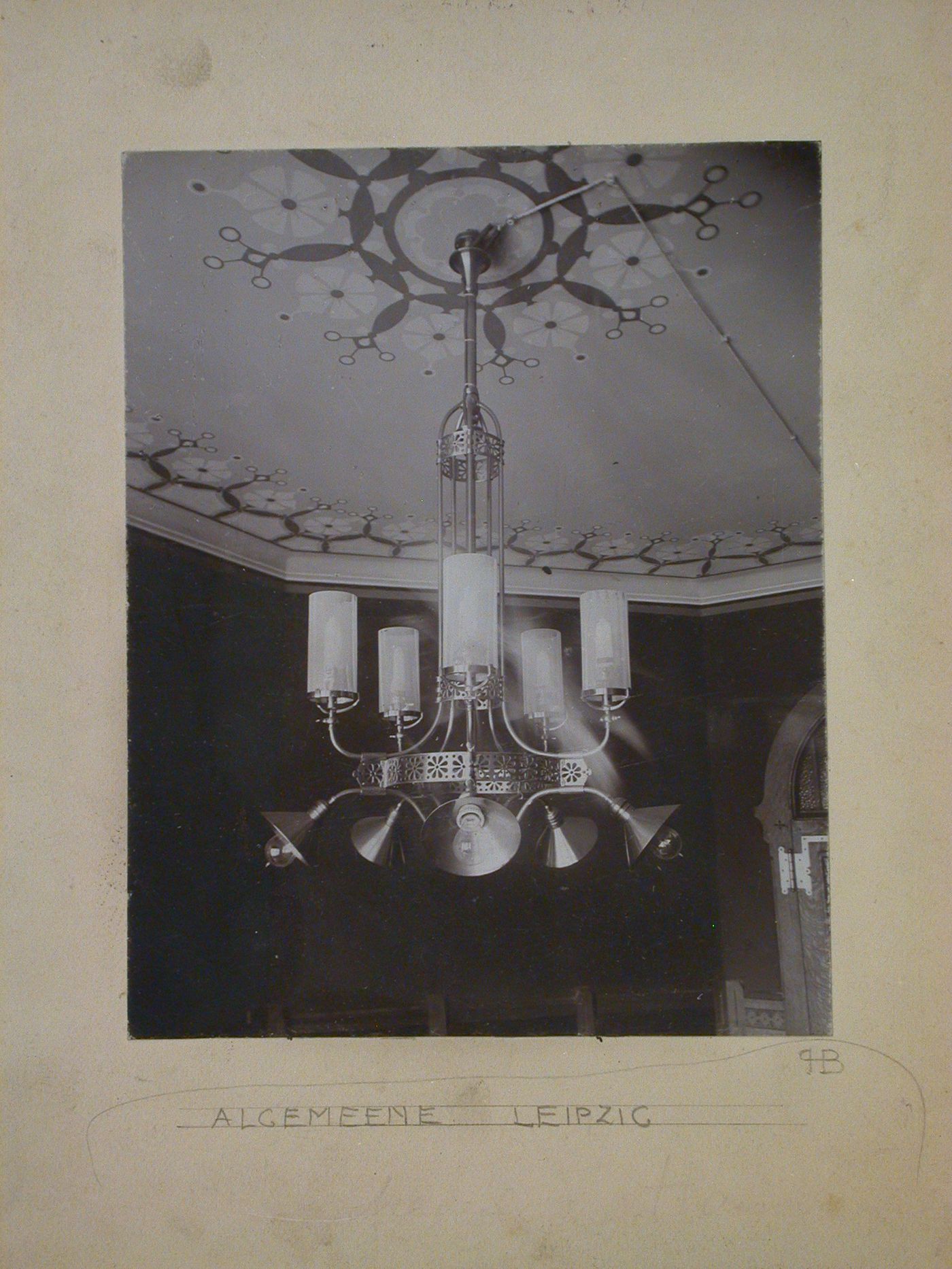 Interior view of a lamp suspended from a painted ceiling, Leipzig, Germany