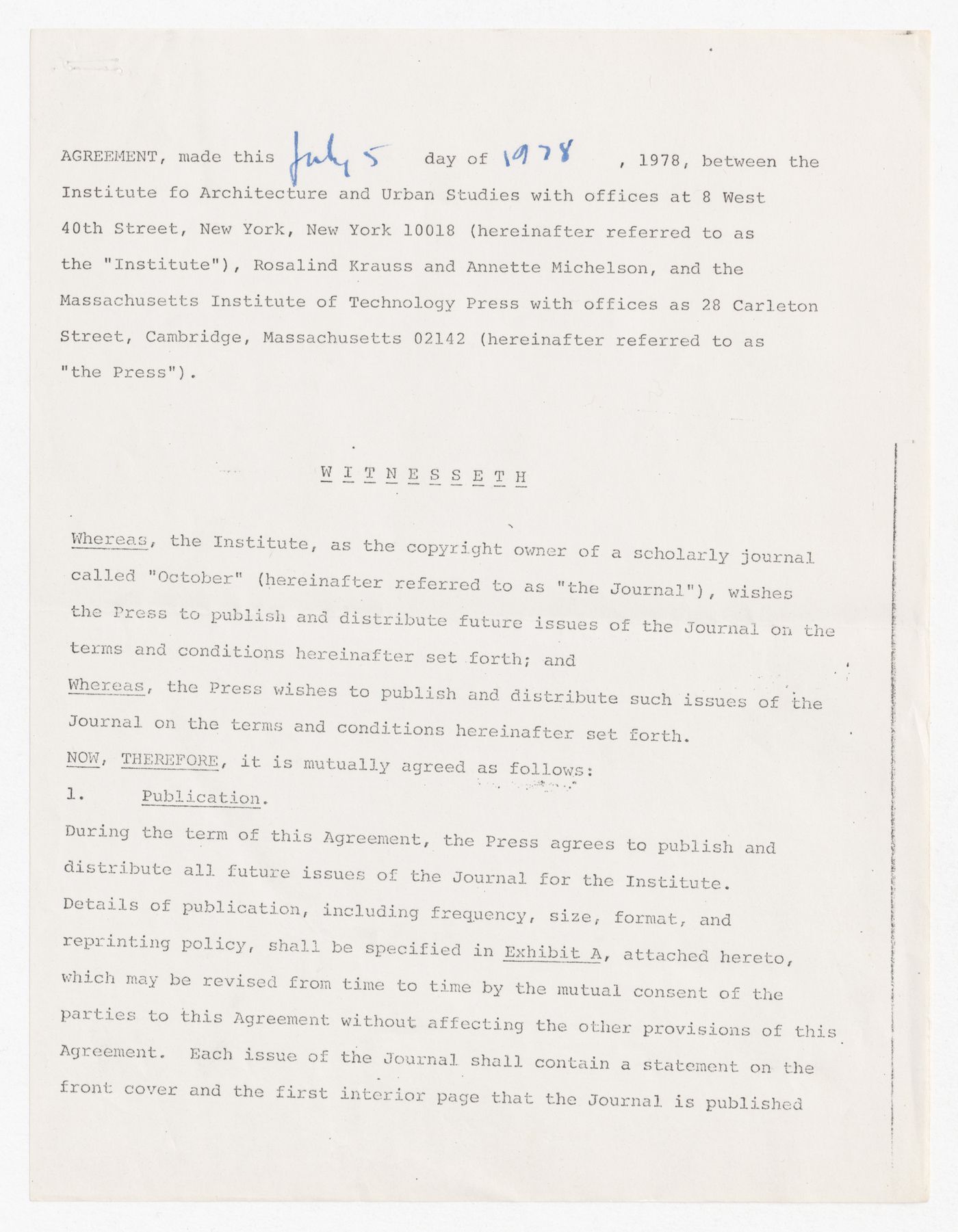 Letter from Frank Urbanowski to Peter D. Eisenman with attached signed agreement between IAUS, MIT Press, and the editors of October