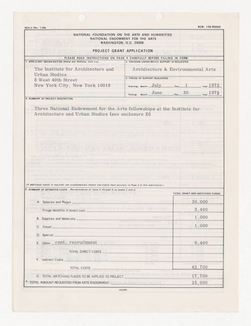Project grant application for three National Endowment for the Arts (NEA) fellowships at IAUS