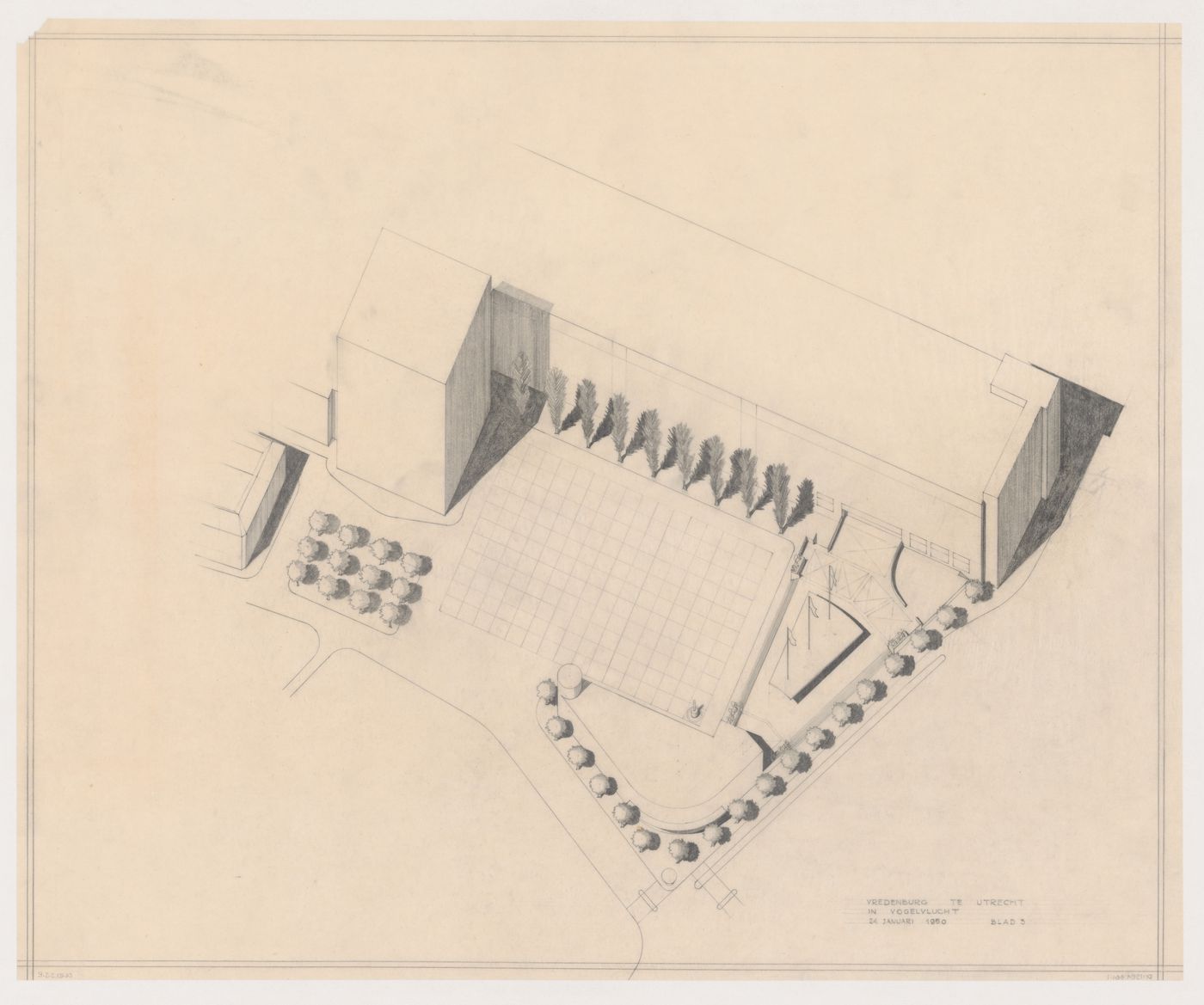 Bird's-eye axonometric showing the principal façade and plaza for Vredenburg mixed-use development, Utrecht, Netherlands