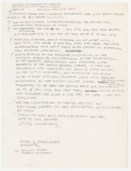 Draft letter by Peter D. Eisenman about application for renewal of grant from the National Institute of Mental Health (NIMH) / Department of Health, Education, and Welfare
