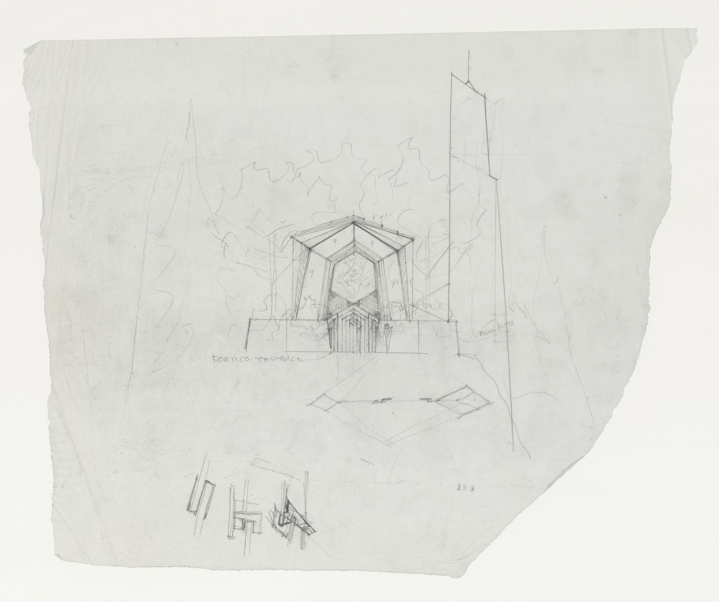 Wayfarers' Chapel, Palos Verdes, California: Entrance elevation for the chapel with details for glass framing and sketch plan for trusses