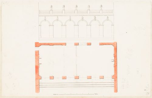 Project for the conversion of Hôtel Soyécourt, Paris, into barracks: Elevation and plan for an arcade