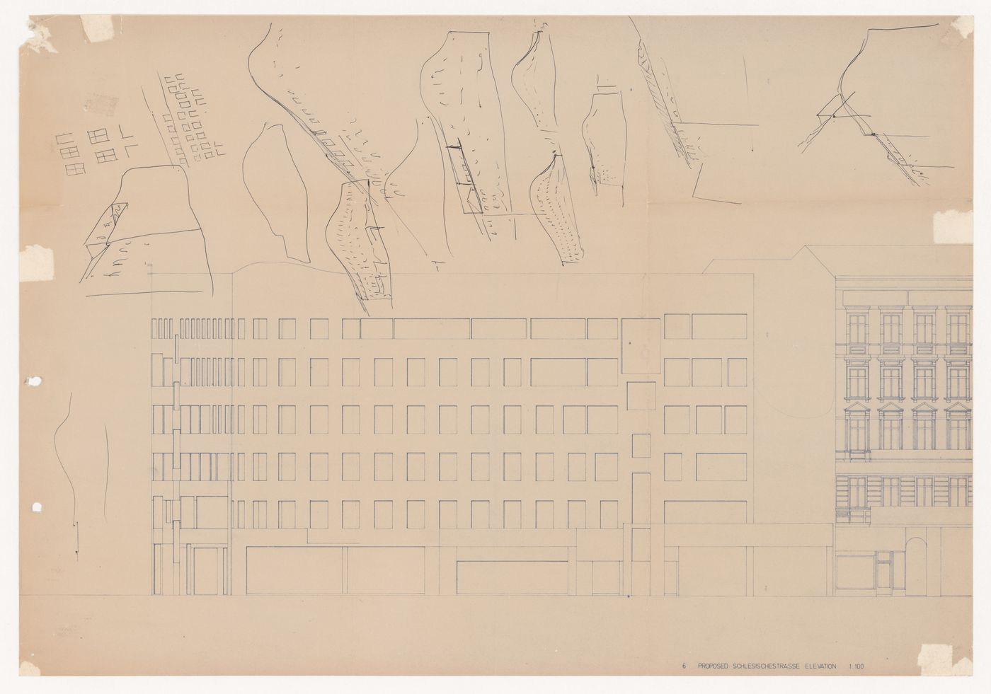Elevation and sketches for Concurso, Block 121, Schlesisches Tor [Competition for Schlesisches Tor residential complex], Berlin