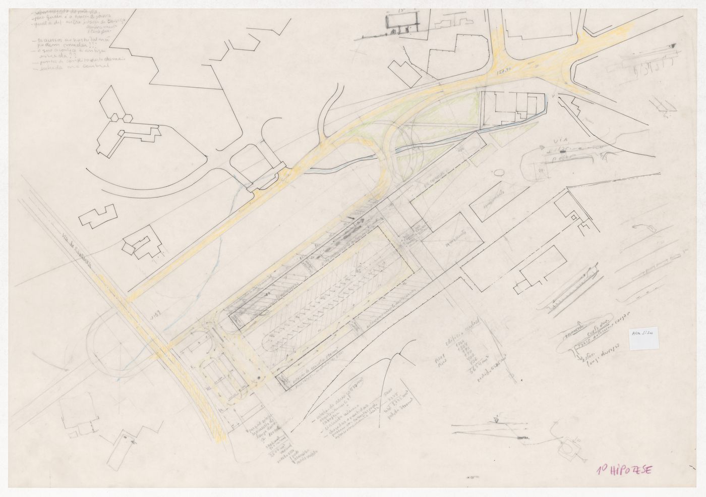 Site plan with notes for Plano Urbanístico e Central de Camionagem, Guimarães, Portugal