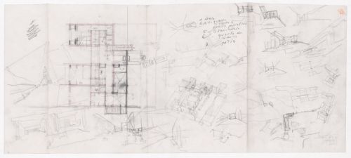 Sketch plan, axonometric view, and perspectives for Casa Guardiola, Puerto de Santa Maria, Spain