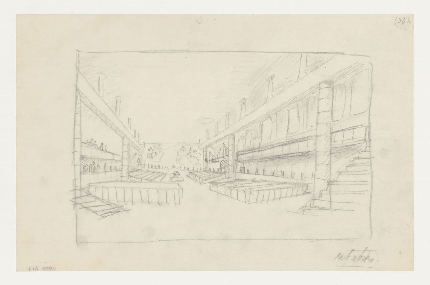 Interior sketch perspective for the Chapel of the Holy Cross showing a mural, Woodland Crematorium, Woodland Cemetery, Stockholm, Sweden