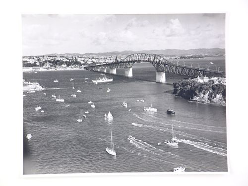 Aerial view of the Auckland Harbour Bridge, over the Waitematā Harbour, Auckland, New Zealand