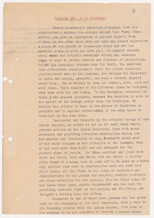 Article by J.L. Malhotra about Pierre Jeanneret's furniture designs