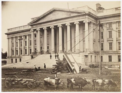 Treasury Building under contruction: Term of oxen pulling cart, team of men hoisting wooden platform, figures watching from steps, Washington, District of Columbia