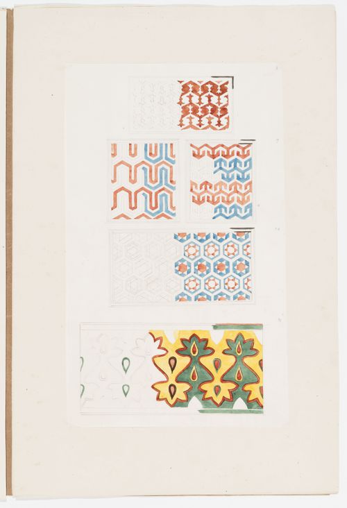 Ornament drawing of four panels decorated with interlocking geometric patterns and foliage, and a band of running foliated ornament