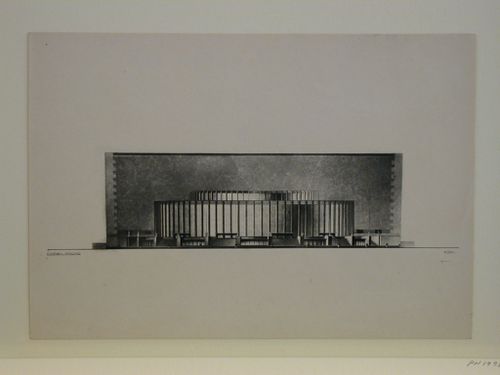 Photograph of an elevation for the principal façade for a Red Army Theater, Moscow