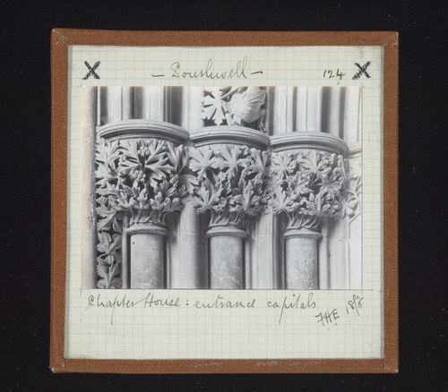 View of capitals of entrance of Chapter House, Southwell Minster, Southwell, Nottinghamshire, England