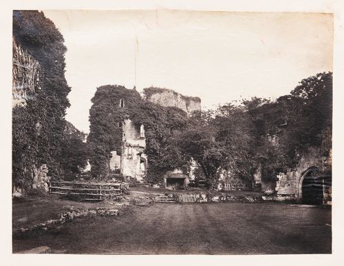 View of buildings covered with overgrown vegetation, Europe [?]