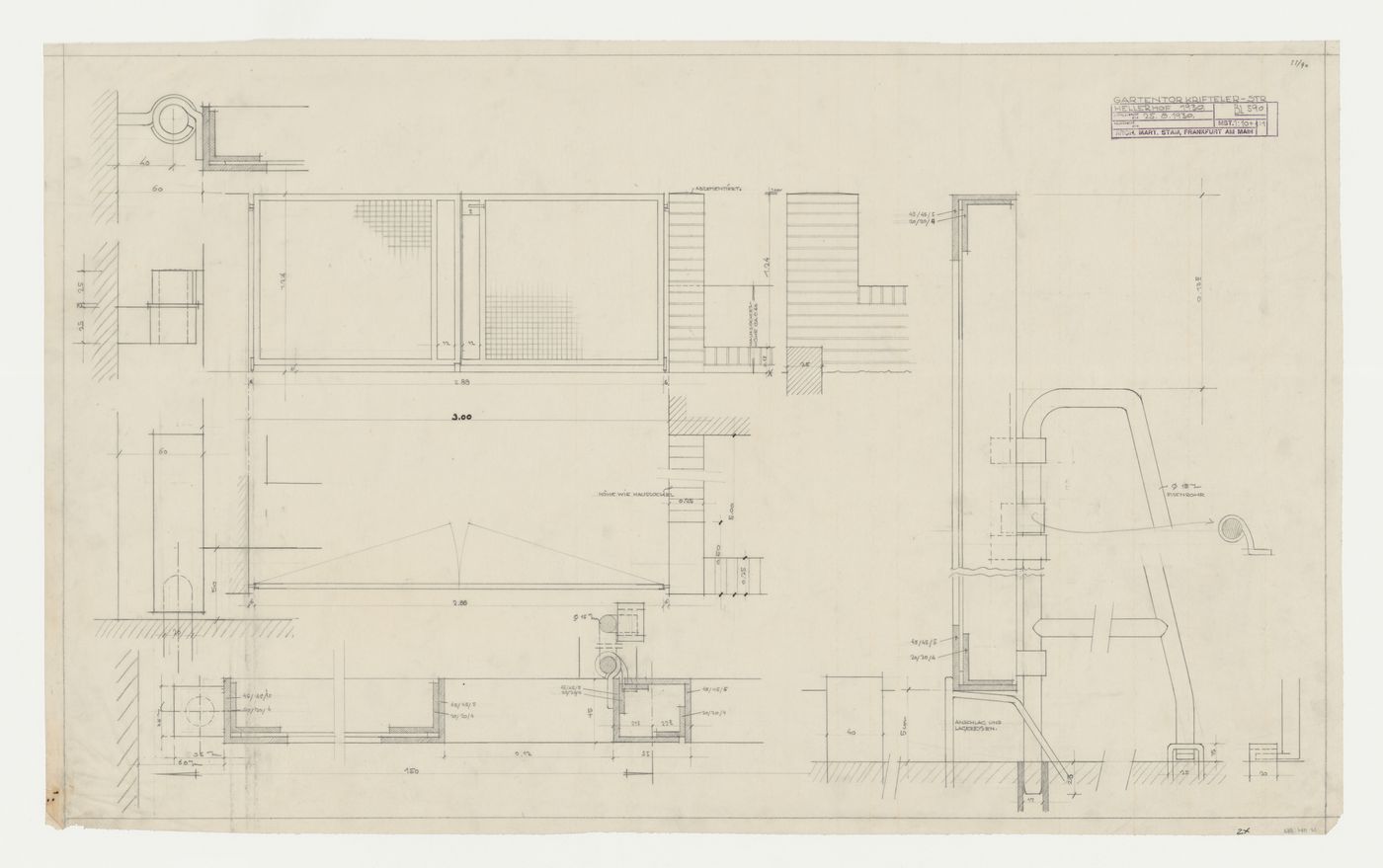 Plan, elevation, and sectional details for a garden fence on Kriftelerstrasse, Hellerhof Housing Estate, Frankfurt am Main, Germany