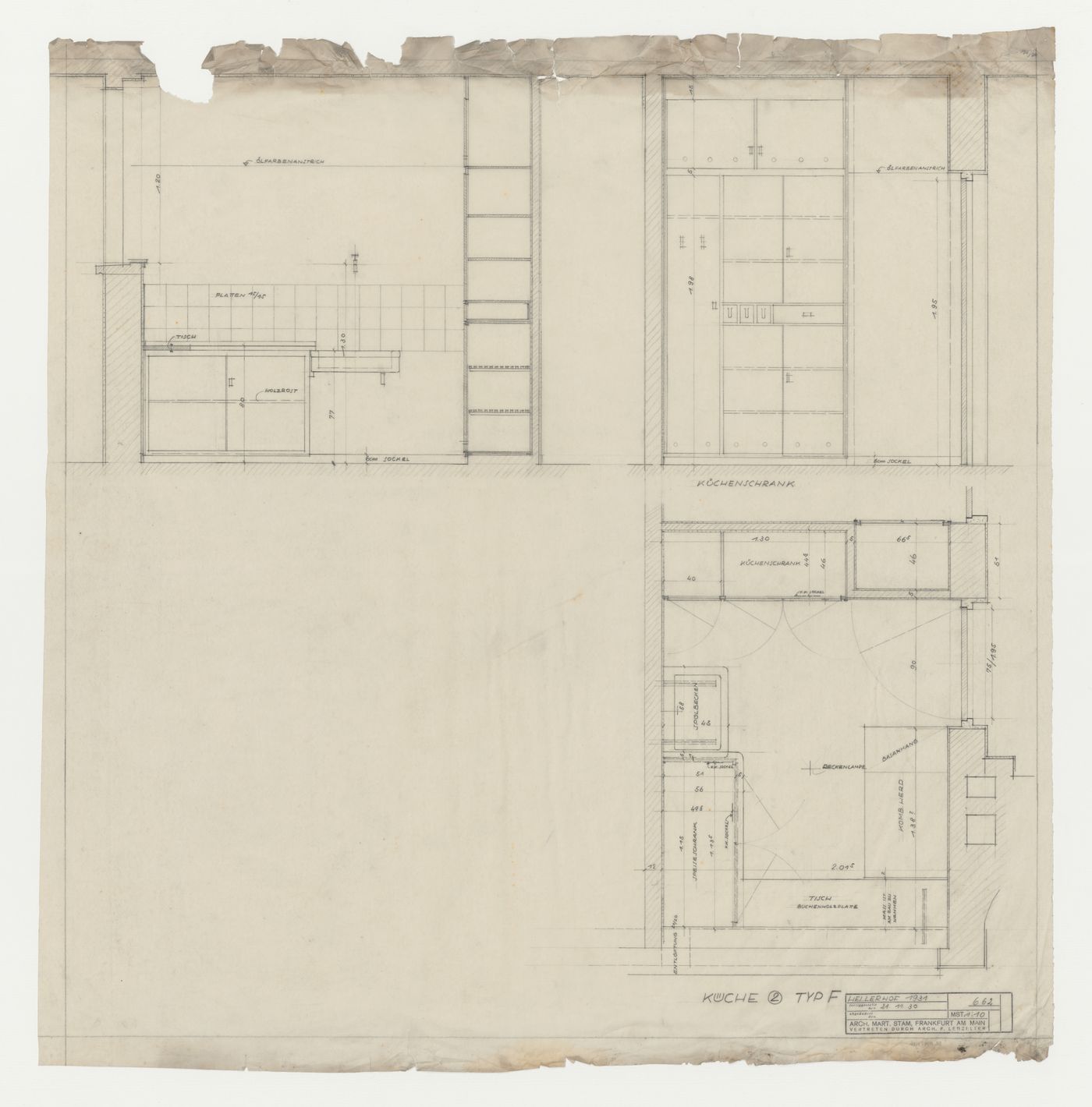 Plan and elevations for a type F kitchen for a housing unit, Hellerhof Housing Estate, Frankfurt am Main, Germany