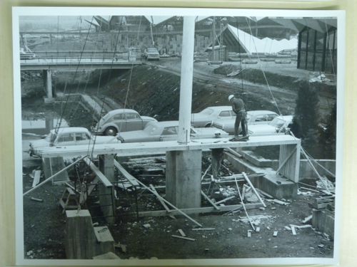 View of the concrete footing for the ship's mast at the Atlantic Provinces' Pavilion, Expo 67, Montréal, Québec
