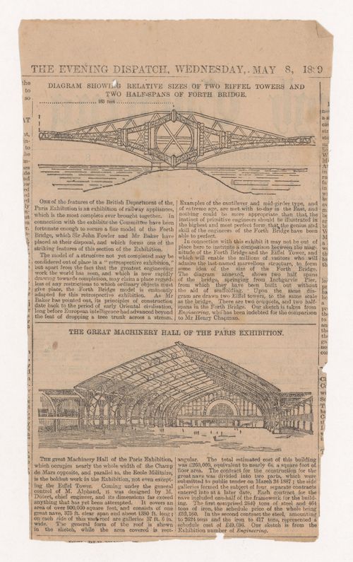 Clipping from the 'Edinburgh Evening Dispatch' showing an illustrated comparison of the relative sizes of the Forth Bridge and the Eiffel Tower and an illustration of the Great Machinery Hall of the Paris Exhibition