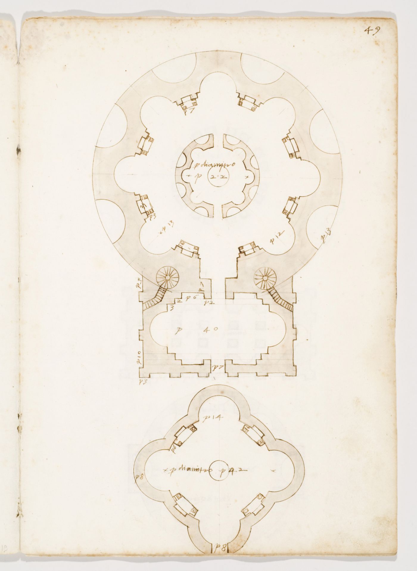 Plan of an unidentified circular building with a vestibule ("Temple of Mars") ; bottom: Plan of a tetrachonch tomb on the Via Appia, Rome