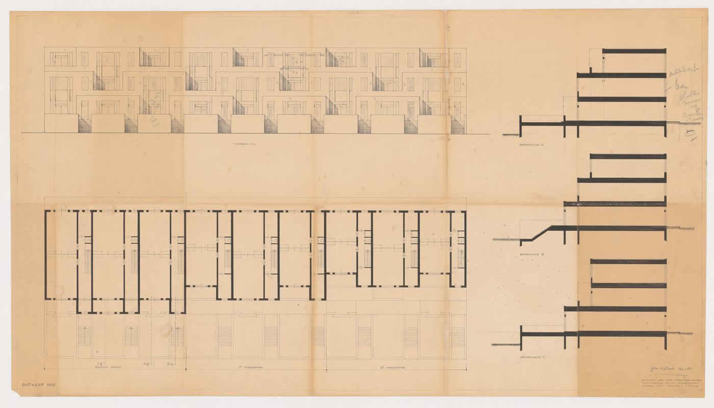 Plans, sections, and elevation for terraced beach houses, Scheveningen, The Hague, Netherlands