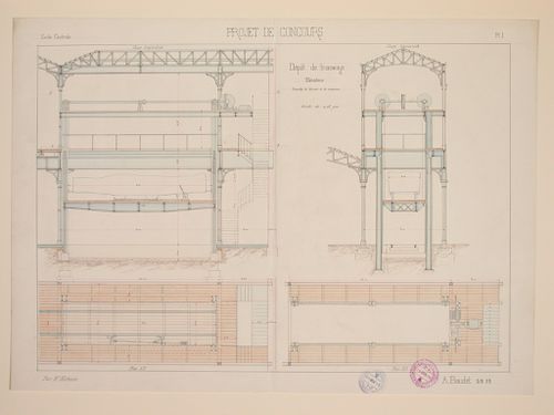 Student engineering drawing: plan and sections of an elevator for a tramway depot competition project