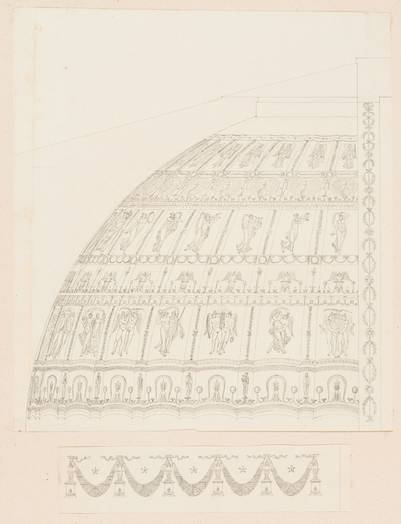 1800 Grand Prix Competition: Partial section for a theatre dome, showing the decorative scheme, and detail for a freize for an École nationale des beaux-arts