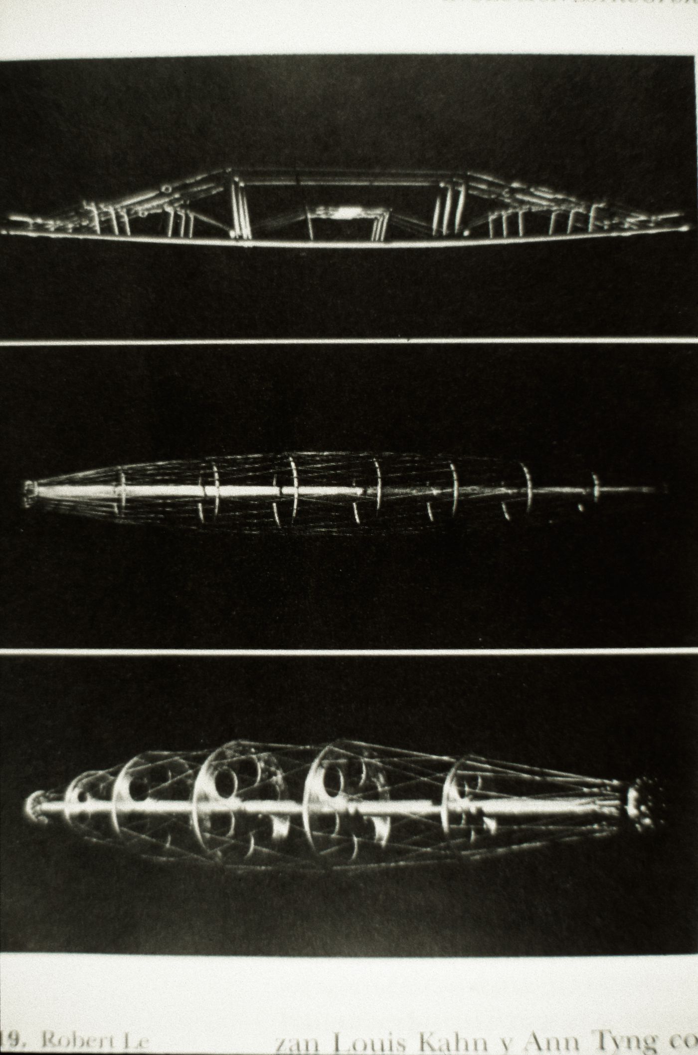 Slide with view of prototypes of spatial structures, by Robert Le Ricolais