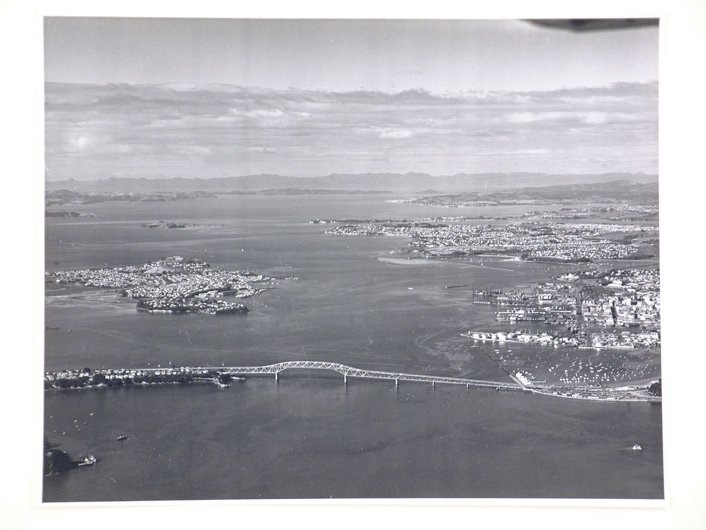 Aerial view of the Auckland Harbour Bridge, over the Waitematā Harbour, Auckland, New Zealand
