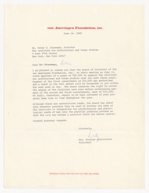 Letter from Mrs. Douglas Auchincloss to Peter D. Eisenman about a grant awarded by the van Ameringen Foundation