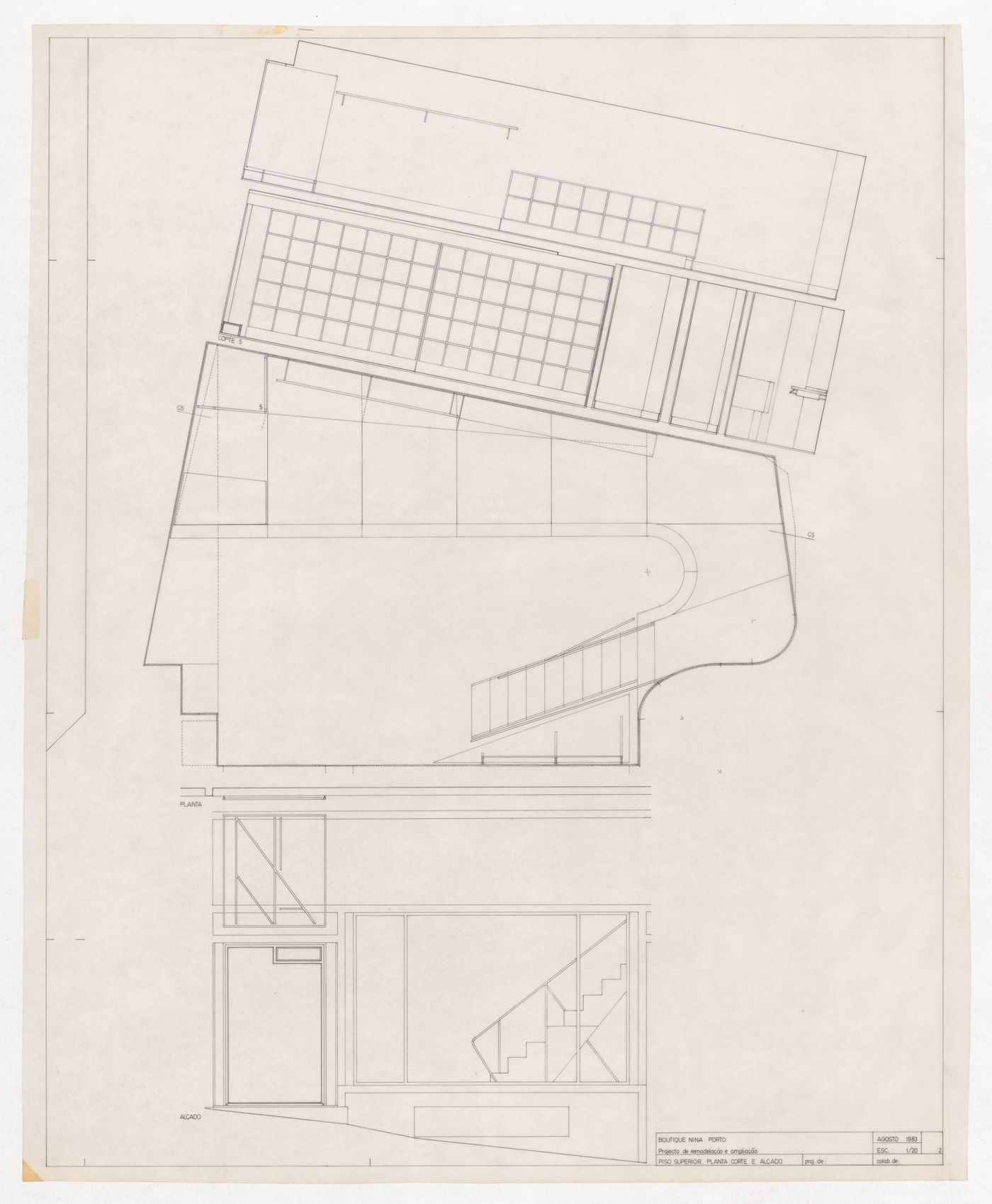 Plan, elevation, and section for Boutique Nina, Porto, Portugal