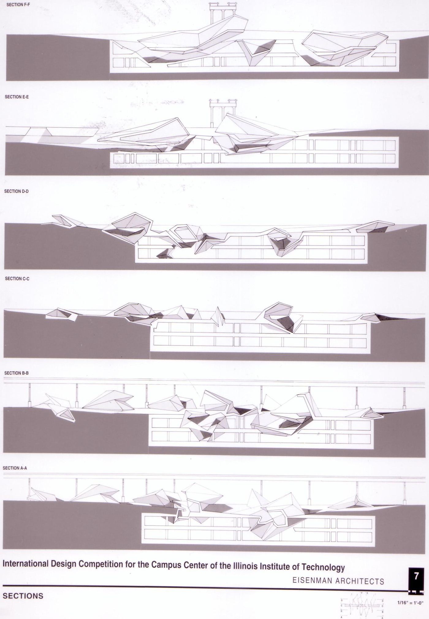 Sections, submission to the Richard H. Driehaus Foundation International Design Competition for a new campus center (1997-98), Illinois Institute of Technology, Chicago, Illinois