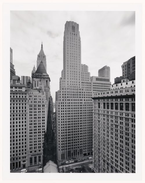 Broadway Street elevation, Irving Trust Company, with Trinity Church, New York City, New York