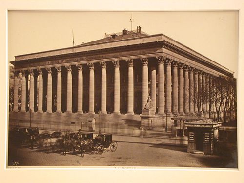 View of façade of Bourse, with carriages in courtyard below, Paris, France