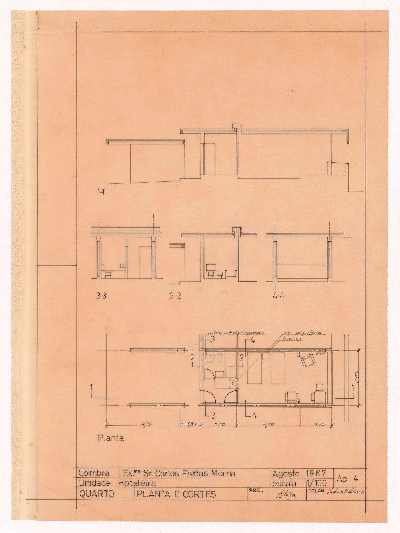 Floor plan and sections for Motel em Vale de Canas, Coimbra, Portugal