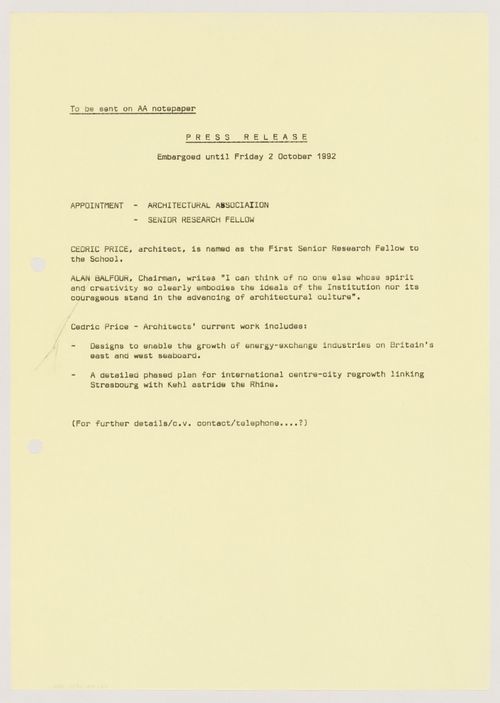 Draft of press release announcing the appointment of Cedric Price as First Senior Research Fellow to the Architectural Association