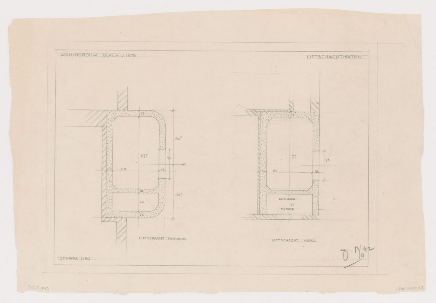 Ground and first floor plans for an elevator shaft for Olveh mixed-use development, Rotterdam, Netherlands